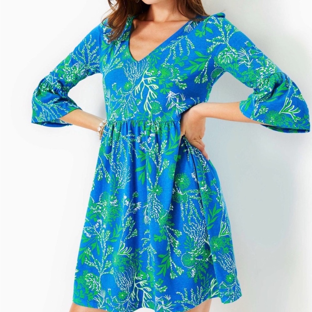 Lilly Pulitzer Jannie V-Neck Cotton Dress - Briny Blue A Bit Salty